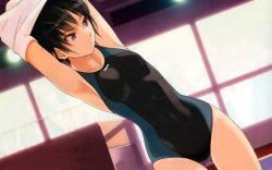 Rule 34 | 1girl, amagami, armpits, arms up, black eyes, black hair, breasts, competition swimsuit, dutch angle, game cg, highres, nanasaki ai, one-piece swimsuit, short hair, solo, sunlight, swimsuit, swimsuit under clothes, takayama kisai, undressing, wallpaper