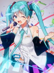 Rule 34 | 1girl, arm tattoo, blue hair, blue necktie, clenched hand, commentary, copyright name, hatsune miku, holding, holding microphone, looking to the side, microphone, necktie, one eye closed, open mouth, sawtowne, solo, tattoo, twintails, vocaloid