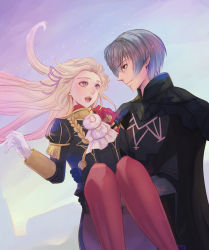 Rule 34 | 1boy, 1girl, ascot, blue eyes, blue hair, blush, byleth (fire emblem), byleth (male) (fire emblem), cape, carrying, carrying under arm, couple, edelgard von hresvelg, fire emblem, fire emblem: three houses, floating hair, garreg mach monastery uniform, gloves, hair ribbon, hetero, highres, looking at another, nintendo, open mouth, pantyhose, princess carry, purple eyes, red cape, red pantyhose, ribbon, riou (pooh920), white gloves, white hair
