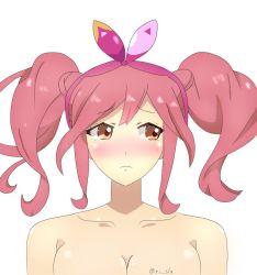 Rule 34 | 10s, 1girl, bad id, bad pixiv id, blush, bow, breasts, commentary request, hair bow, large breasts, macross, macross delta, makina nakajima, nude, orange eyes, pink hair, risuru, twintails
