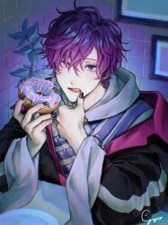 Rule 34 | 1boy, absurdres, artist name, belt, black coat, black nails, coat, commentary, doughnut, eyelashes, fingernails, food, gradient hair, grey hoodie, gyoza (gyozadaisuki 23), hair between eyes, hands up, highres, holding, holding food, hood, hood down, hoodie, indoors, licking lips, long sleeves, looking at viewer, male focus, mole, mole on neck, multicolored hair, nail polish, nijisanji, nijisanji en, o-ring, o-ring belt, open clothes, open coat, picture frame, plant, plate, purple belt, purple eyes, purple hair, short hair, signature, solo, table, tile wall, tiles, tongue, tongue out, uki violeta, uki violeta (1st costume), upper body, virtual youtuber, wide sleeves