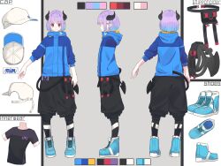 Rule 34 | 1girl, absurdres, androgynous, artist request, baseball cap, belt, black belt, black leggings, black shorts, blue footwear, blue hair, blue jacket, blue shirt, character sheet, closed mouth, clothing cutout, color guide, colored tips, demon horns, demon tail, english text, grey background, hair ornament, hat, highres, hood, hood down, hooded jacket, horns, indie virtual youtuber, jacket, leggings, leggings under shorts, mimic (vtuber), multicolored hair, multiple views, parka, pointy ears, puffy shorts, purple hair, romaji text, shirt, shoes, short hair, short sleeves, shorts, sleeves pushed up, smile, tail, tail through clothes, turnaround, unworn hat, unworn headwear, virtual youtuber, x hair ornament
