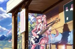 Rule 34 | 1girl, cloud, day, detached sleeves, electric guitar, guitar, hatsune miku, highres, instrument, long hair, necktie, open mouth, pink eyes, pink hair, rainbow, sakura miku, skirt, sky, solo, tayen, thighhighs, train station, twintails, very long hair, vocaloid