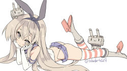 Rule 34 | 10s, 1girl, ass, black panties, blade (galaxist), blonde hair, blush, elbow gloves, gloves, hair ribbon, kantai collection, long hair, looking at viewer, lying, on stomach, panties, pantyshot, patterned legwear, personification, rensouhou-chan, ribbon, sailor collar, shimakaze (kancolle), sketch, skirt, solo, striped clothes, striped thighhighs, thighhighs, two-tone stripes, underwear, upskirt, white gloves, yellow eyes