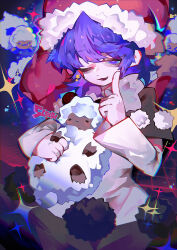 Rule 34 | 1girl, :3, animal, bags under eyes, black capelet, blue eyes, blue hair, capelet, chromatic aberration, commentary, doremy sweet, dress, film grain, fur-trimmed headwear, fur trim, hand up, hat, highres, holding, holding animal, holding sheep, index finger raised, long sleeves, medium hair, nightcap, one eye closed, open mouth, pom pom (clothes), red hat, routinearson, sheep, solo, sparkle, touhou, white dress