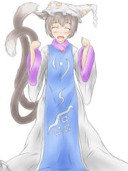 Rule 34 | 1girl, ^ ^, ^o^, animal ears, animal hat, blush, cat ears, cat tail, chen, closed eyes, cosplay, fangs, hat, long sleeves, mob cap, multiple tails, nekomata, oversized clothes, paw pose, simple background, smile, solo, ta gero, tabard, tail, teeth, touhou, two tails, very long sleeves, white background, wide sleeves, yakumo ran, yakumo ran (cosplay)