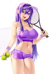 Rule 34 | 1girl, :d, artist name, ball, bare arms, bare shoulders, breasts, collarbone, commentary, commission, cowboy shot, doki doki literature club, dolphin shorts, hair between eyes, highres, holding, holding ball, large breasts, midriff, navel, open mouth, potetos7, purple eyes, purple hair, purple shorts, racket, shorts, sidelocks, smile, solo, symbol-only commentary, tennis ball, tennis net, tennis racket, visor cap, watermark, wristband, yuri (doki doki literature club)