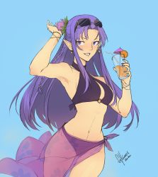 Rule 34 | 2020, absurdres, armpits, blue background, blush, braid, breasts, commission, cup, dated, drinking glass, drinking straw, earrings, eyewear on head, fate/grand order, fate/stay night, fate (series), flower, hair flower, hair ornament, hand on head, highres, jewelry, lipstick, long hair, makeup, medea (fate), medium breasts, nail polish, navel, o-ring, o-ring swimsuit, o-ring top, pointy ears, print sarong, purple eyes, purple hair, purple nails, purple sarong, sarong, see-through, see-through sarong, side braid, signature, smile, solkorra, solo, sunglasses, swimsuit, teeth