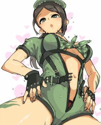 1girl bandeau belt black_belt black_gloves black_hair blush bodypaint breasts camouflage camouflage_bandeau cowboy_shot fingerless_gloves flying_sweatdrops from_below front-tie_top gloves green_bandeau green_eyes green_jumpsuit hands_on_own_hips hat heart heart_background idolmaster idolmaster_cinderella_girls idolmaster_cinderella_girls_starlight_stage jumpsuit large_breasts long_hair looking_at_viewer looking_down midriff navel niku-name open_belt open_mouth panties panty_peek pink_background ponytail red_panties short_hair short_jumpsuit solo standing underwear yamato_aki