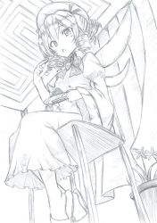 Rule 34 | blush, bow, bowtie, chair, chestnut mouth, collar, crossed ankles, curtains, dress, drill hair, eating, fairy, fairy wings, fork, frilled dress, frilled sleeves, frills, from below, graphite (medium), greyscale, hair between eyes, hat, hat ribbon, holding, long sleeves, looking at viewer, luna child, mahiro (akino-suisen), monochrome, open mouth, plant, plate, potted plant, puffy sleeves, ribbon, short hair, sitting, slippers, solo, touhou, traditional media, wide sleeves, wings