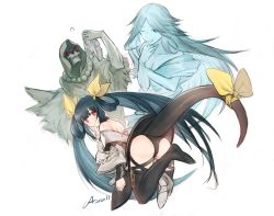 Rule 34 | 1boy, 2girls, angel wings, ass, asymmetrical wings, back, bare shoulders, bent over, black legwear, black panties, blue hair, breasts, detached sleeves, dizzy (guilty gear), finger to cheek, finger to face, from behind, guilty gear, guilty gear xrd, hair ribbon, hair rings, high heels, highres, korean commentary, large breasts, long hair, looking back, monster girl, multiple girls, necro (guilty gear), panties, red eyes, ribbon, shoes, signature, single shoe, suvin (mononochi), tail, thigh strap, thighhighs, thighs, twintails, underwear, undine (guilty gear), wings, yellow ribbon