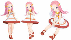 Rule 34 | 00s, 1girl, 3d, anemone (eureka seven), bare shoulders, bow, collar, dress, eureka seven, eureka seven (series), hair ornament, hairclip, head tilt, invisible chair, leg up, long hair, looking at viewer, looking to the side, multiple views, no socks, own hands together, pink hair, purple eyes, red bow, red footwear, shiny skin, shoes, simple background, sitting, sleeveless, sleeveless dress, standing, standing on one leg, swept bangs, v arms, white background