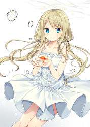 Rule 34 | 1girl, air bubble, bare arms, bare shoulders, bekotarou, blonde hair, blue eyes, blush, bubble, collarbone, commentary request, cupping hands, dress, fish, floating hair, goldfish, highres, long hair, looking at viewer, low twintails, original, own hands together, simple background, smile, solo, twintails, underwater, white dress
