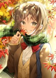 Rule 34 | 1girl, :d, autumn leaves, bad id, bad pixiv id, bag, blurry, blurry background, bow, bowtie, brown jacket, commentary request, dappled sunlight, day, depth of field, falling leaves, fingernails, fringe trim, green scarf, grin, h shai, hand up, holding, holding leaf, jacket, leaf, lens flare, long sleeves, medium hair, open clothes, open jacket, open mouth, original, outdoors, parted bangs, plaid, plaid scarf, red bow, red bowtie, scarf, school uniform, shirt, shoulder bag, sleeves past wrists, smile, solo, sparkle, sunlight, teeth, upper body, white shirt, yellow eyes