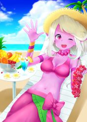 Rule 34 | 1girl, ;d, alternate costume, armband, bad id, bad pixiv id, banana, beach, blue sky, breasts, chair, cherry, cloud, colored skin, cowboy shot, day, drink, drinking straw, artistic error, female focus, flower, flower necklace, food, fruit, fruit bowl, hat, highres, jewelry, league of legends, lei, long hair, midriff, nanabe, navel, necklace, ocean, one eye closed, open mouth, orange (fruit), order of the banana soraka, outdoors, palm tree, pineapple, pineapple slice, plant, pointy ears, ponytail, purple eyes, purple skin, sitting, sky, smile, solo, soraka (league of legends), straw hat, summer, sun hat, table, tree, water, white hair, wristband