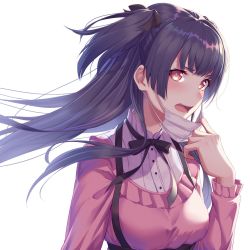 Rule 34 | 1girl, black hair, black ribbon, blunt bangs, blush, breasts, commentary request, frills, grey background, hair ribbon, hand up, highres, idolmaster, idolmaster shiny colors, kuen (kuennn12), long hair, long sleeves, looking at viewer, mask, mask pull, mayuzumi fuyuko, medium breasts, mouth mask, neck ribbon, pink shirt, pulling, red eyes, ribbon, shirt, simple background, solo, surgical mask, suspenders, sweat, two side up, upper body, v-shaped eyebrows, very long hair