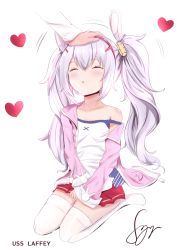 Rule 34 | 1girl, :o, animal ears, azur lane, camisole, character name, closed eyes, collarbone, cropped arms, facing viewer, hair ornament, hairband, headpat, heart, highres, jacket, laffey (azur lane), long hair, long sleeves, no shoes, off shoulder, open clothes, open jacket, out of frame, outline, parted lips, pink jacket, pleated skirt, rabbit ears, red hairband, red skirt, seiza, silver hair, sitting, skirt, sleeves past wrists, solo focus, strap slip, syyn (syyndev), thighhighs, twintails, very long hair, white camisole, white outline, white thighhighs