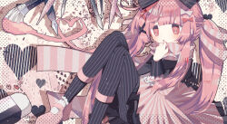 Rule 34 | 1girl, absurdres, black bow, black pantyhose, blunt bangs, bow, dress, hair bow, hair ornament, heart, highres, long hair, long sleeves, mary janes, mellow sugar, multiple hair bows, no nose, open mouth, original, pantyhose, pink dress, pink eyes, pink footwear, pink hair, pink scarf, red bow, scarf, shoes, socks, solo, striped bow, striped clothes, striped dress, striped pantyhose, striped scarf, twintails, usagi nui, vertical-striped clothes, vertical-striped dress, vertical-striped pantyhose, vertical-striped scarf, white bow, white socks, x hair ornament
