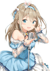 Rule 34 | 1girl, animal ears, bare arms, bare shoulders, blue dress, blue eyes, blush, brown hair, collarbone, commentary request, cowboy shot, detached collar, dress, fake animal ears, frilled sleeves, frills, fur-trimmed dress, fur trim, girls&#039; frontline, hair between eyes, hair bobbles, hair ornament, hair ribbon, hairband, highres, holding, holding microphone, light blush, long hair, long sleeves, looking at viewer, microphone, microphone stand, official alternate costume, open mouth, pixel (yuxian), pleated dress, rabbit ears, ribbon, see-through, see-through sleeves, short sidetail, sidelocks, simple background, skindentation, sleeves past wrists, snowflake hair ornament, solo, standing, strapless, strapless dress, suomi (girls&#039; frontline), suomi (korvatunturi pixie) (girls&#039; frontline), tareme, thighhighs, transparent sleeves, v, white background, white thighhighs