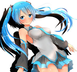 Rule 34 | 1girl, armpits, bare shoulders, baretto (karasi07), blue eyes, blue hair, blue necktie, blush, breasts, dress, dutch angle, eyebrows, hair ornament, hairclip, hatsune miku, light smile, long hair, looking at viewer, matching hair/eyes, necktie, smile, solo, vocaloid