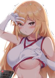 Rule 34 | + +, 1girl, absurdres, armpits, bare shoulders, blonde hair, blush, breasts, bushinofuji, clothes lift, collarbone, commentary request, controller, elbow gloves, eyelashes, flashing, gloves, hair between eyes, hand up, heart, highres, large breasts, lifted by self, long hair, looking at viewer, parted lips, remote control, shirt lift, shokuhou misaki, sidelocks, smile, solo, sweat, symbol-shaped pupils, toaru kagaku no railgun, toaru majutsu no index, trembling, underboob, upper body, very long hair, w over eye, white gloves, yellow eyes