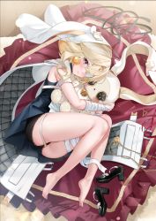 Rule 34 | 1girl, bandages, bare legs, black footwear, blonde hair, cain art811, cape, earrings, highres, holding, holding stuffed toy, jewelry, looking at viewer, lying, medium hair, on side, one eye covered, red eyes, ruby (tower of fantasy), smile, stuffed toy, thighs, tower of fantasy