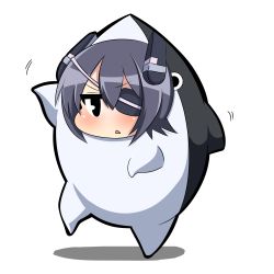 Rule 34 | 10s, 1girl, animal costume, blush, chibi, eyepatch, fighting stance, headgear, kantai collection, purple hair, shadow, shark, short hair, simple background, solo, tenryuu (kancolle), triangle mouth, twumi, white background