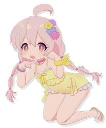 Rule 34 | 1girl, ahoge, ass, bare legs, blush, bracelet, choker, female focus, flat chest, flower, frilled one-piece swimsuit, frills, genderswap, genderswap (mtf), hair flower, hair ornament, highres, jewelry, kneeling, leaning forward, looking at viewer, low twintails, one-piece swimsuit, onii-chan wa oshimai!, open mouth, oyama mahiro, paw pose, pink hair, purple choker, purple eyes, racal ra, sandals, simple background, solo, swimsuit, tareme, twintails, white background, yellow one-piece swimsuit
