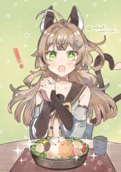 Rule 34 | !, + +, animal ears, cat ears, cat tail, detached sleeves, food, genshin impact, green eyes, hair ornament, highres, interlocked fingers, japanese clothes, kirara (genshin impact), light brown hair, long hair, long sleeves, multiple tails, open mouth, own hands clasped, own hands together, plate, smile, star-shaped pupils, star (symbol), star hair ornament, symbol-shaped pupils, tail, two tails, wanmofu