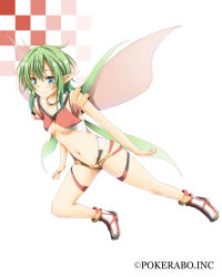 Rule 34 | 1girl, blue eyes, blush, breasts, collarbone, copyright name, fairy wings, flask (pandora), full body, green hair, groin, looking at viewer, makai gakuen catastrophe, midriff, navel, official art, original, pointy ears, revealing clothes, shoes, sidelocks, sleeveless, smile, solo, underboob, white footwear, wings