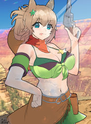 Rule 34 | 1girl, :p, absurdres, animal ears, armband, bandana, bandeau, bare shoulders, belt, bikini, bikini under clothes, blue eyes, breasts, brown belt, brown hair, cleavage, commentary, cowboy shot, detached sleeves, front-tie bikini top, front-tie top, green armband, green skirt, gun, hair ornament, hand on own hip, hand up, handgun, highres, hinokey (hinokey0126), holding, holding gun, holding weapon, holster, horse ears, large breasts, looking at viewer, midriff, miniskirt, navel, outdoors, revolver, short sleeves, skirt, skirt set, solo, standing, star (symbol), star hair ornament, stomach, strapless, swimsuit, taiki shuttle (umamusume), tongue, tongue out, tube top, umamusume, weapon