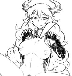 Rule 34 | 1girl, borrowed character, bottomless, breasts, breasts out, clothes lift, curly hair, demon girl, demon horns, elbow gloves, female pubic hair, gloves, greyscale, grin, horns, large breasts, light smile, long hair, maou beluzel, monochrome, navel, nipples, original, out-of-frame censoring, over shoulder, pubic hair, shirt lift, smile, solo, spread legs, tsukudani (coke-buta), very long hair, yuusha to maou