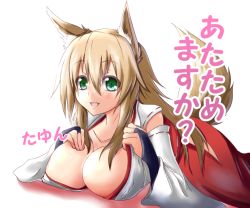 Rule 34 | 1girl, animal ears, breast press, breasts, bridal gauntlets, brown hair, cleavage, covered erect nipples, detached sleeves, fox ears, fox tail, green eyes, hakama, hakama skirt, japanese clothes, large breasts, long hair, looking at viewer, lying, miko, mitsuru (madeinore), on stomach, original, red hakama, skirt, solo, tail, translation request
