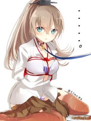 Rule 34 | 10s, 1girl, arms behind back, bad id, bad twitter id, bdsm, blue eyes, bondage, bound, bra, breasts, brown hair, collar, female focus, frown, kantai collection, kumano (kancolle), leash, long hair, looking at viewer, open clothes, open shirt, open skirt, panties, ponytail, shijima (sjmr02), shirt, skirt, solo, thighhighs, twitter username, underwear