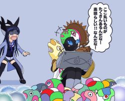 Rule 34 | 1girl, afterlife, bad id, bad pixiv id, black thighhighs, blue hair, blush stickers, drawing, ganma, gazai ganma, gloom (expression), hat, kamen rider, kamen rider ghost (series), kamen rider ooo (series), long hair, mezul, open mouth, orca, redol, short shorts, shorts, thighhighs, translation request, weather