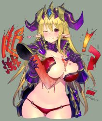 Rule 34 | 1girl, armor, between breasts, bikini, bikini armor, blonde hair, blush, breasts, cleavage, crown, curvy, fbc, female focus, horns, huge breasts, lilith (p&amp;d), looking at viewer, navel, o-ring, o-ring bottom, one eye closed, pauldrons, pointy ears, purple eyes, puzzle &amp; dragons, red bikini, red eyes, shoulder armor, smile, solo, swimsuit, thick thighs, thighs, translation request, wide hips