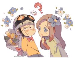 Rule 34 | ..., 10s, 1boy, 1girl, ?, arms behind back, bad id, bad twitter id, bald, blue eyes, blush stickers, bouquet, bow, bowtie, bronzong, chibita, creatures (company), flower, flower fairy (osomatsu-kun), flower girl (osomatsu-kun), food, game freak, gen 4 pokemon, goggles, goggles on headwear, hair flower, hair intakes, hair ornament, holding, holding behind back, looking at another, looking away, nintendo, oden, osomatsu-kun, osomatsu-san, petals, pokemon, pokemon (creature), simple background, spoken ellipsis, sweatdrop, twitter username, white background, yooroongoo