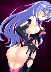 Rule 34 | 1girl, absurdres, ass, backless outfit, bare shoulders, black bodysuit, black gloves, blue hair, blush, bodysuit, breasts, cowboy shot, elbow gloves, from behind, gloves, hand on own ass, hand on own hip, hatsune haruka, highres, iris heart, kami jigen game neptune v, long hair, looking at viewer, looking back, medium breasts, midriff, neptune (series), no wings, pink eyes, power symbol, power symbol-shaped pupils, purple hair, pururut, revealing clothes, smile, solo, symbol-shaped pupils, thighs, very long hair