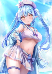 Rule 34 | 1girl, :p, ahoge, bikini, bikini under clothes, blue bow, blue choker, blue hair, blue jacket, blue sailor collar, blush, bow, breasts, choker, crop top, elf, flower, hair between eyes, hat, hat flower, heart, heart ahoge, highres, hololive, jacket, large breasts, long hair, long sleeves, navel, off shoulder, open clothes, open jacket, pleated skirt, pointy ears, sailor collar, see-through, skirt, solo, stomach, swimsuit, thigh strap, tongue, tongue out, twintails, underboob, virtual youtuber, white flower, white hat, white skirt, yellow eyes, yuano, yukihana lamy