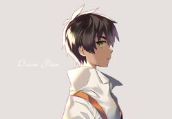 Rule 34 | 1boy, black hair, brown hair, character name, dark-skinned male, dark skin, freckles, from side, green eyes, grey background, male focus, open mouth, oscar pine, parted lips, popped collar, rwby, shirt, short hair, shuudenchuu, simple background, suspenders, upper body, white shirt