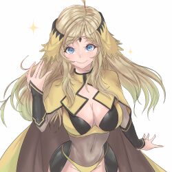 Rule 34 | 1girl, absurdres, ahoge, black bridal gauntlets, blonde hair, blue eyes, bodystocking, breasts, calmgreentori, cape, circlet, cleavage, closed mouth, commentary, fire emblem, fire emblem fates, highres, large breasts, long hair, navel, nintendo, ophelia (fire emblem), panties, simple background, smile, solo, underwear, white background, yellow cape, yellow panties