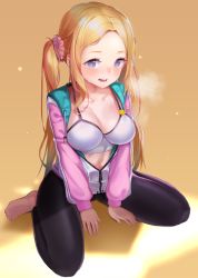 Rule 34 | 1girl, adella (some some convenience store), barefoot, bikini, bikini top only, black leggings, blonde hair, blush, breasts, breath, hair ornament, hair scrunchie, highres, jacket, large breasts, leggings, long hair, long sleeves, looking at viewer, multicolored hair, navel, open clothes, open jacket, open mouth, pink jacket, pink scrunchie, purple eyes, scrunchie, sitting, solo, some some convenience store, streaked hair, sweat, swimsuit, taena, unzipped, very long hair, wariza, white bikini, zipper, zipper pull tab
