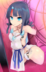 Rule 34 | 1girl, bare shoulders, black hair, blue eyes, blue ribbon, blush, breasts, card, collarbone, dress, fate/grand order, fate/requiem, fate (series), fundoshi, hanafuda, highres, japanese clothes, jewelry, long sleeves, looking at viewer, magatama, magatama hair ornament, medium breasts, medium hair, multicolored hair, necklace, open mouth, pelvic curtain, pink hair, puffy long sleeves, puffy sleeves, ribbon, sen (astronomy), short dress, sideboob, sideless outfit, streaked hair, stuck, thighs, through wall, utsumi erice, white dress