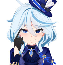 Rule 34 | 1girl, absurdres, ahoge, aqua hair, ascot, black gloves, commentary, drop-shaped pupils, furina (genshin impact), genshin impact, gloves, hair between eyes, hat, heterochromia, highres, index finger raised, indonesian commentary, long hair, long sleeves, looking at viewer, mismatched pupils, pointing, pointing at self, sidelocks, simple background, smile, solo, symbol-shaped pupils, top hat, wavy hair, white background, zhyseven