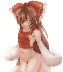 Rule 34 | 1girl, animal ears, bare shoulders, blush, body fur, bottomless, bow, breasts, brown eyes, brown hair, dog ears, dog tail, furry, furry female, hair bow, hair over one eye, hair tubes, hakurei reimu, hawthorn, highres, japanese clothes, long hair, looking at viewer, miko, navel, no bra, no panties, simple background, small breasts, solo, tail, touhou, white background
