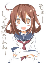 Rule 34 | 10s, 1girl, anchor symbol, brown eyes, brown hair, crossed arms, empty eyes, fang, hair ornament, hairclip, ikazuchi (kancolle), junako, kantai collection, looking at viewer, neckerchief, open mouth, red neckerchief, school uniform, serafuku, short hair, simple background, solo, translation request