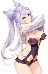 Rule 34 | 1girl, aki663, animal ears, blush, bow, braid, breasts, cleavage, closed mouth, commentary request, erune, fraux, granblue fantasy, highres, large breasts, leotard, lifting own clothes, lips, long hair, long sleeves, looking at viewer, shiny skin, silver hair, simple background, smile, solo, thighs, undressing, white background, yellow eyes