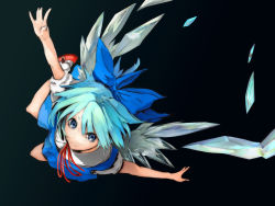 Rule 34 | 1girl, absurdres, black background, blue eyes, blue hair, bow, cirno, coffee (tadaura fumi), embodiment of scarlet devil, hair bow, hanimani, highres, matching hair/eyes, short hair, solo, touhou, wings