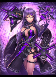 Rule 34 | 1girl, belt, breasts, choker, commentary request, cyborg, dress, gia, hair between eyes, hair ornament, hairclip, highres, holding, holding staff, letterboxed, long hair, looking at viewer, mechanical arms, medium breasts, monster, original, purple eyes, purple hair, side slit, signature, solo, staff, thigh strap, walking
