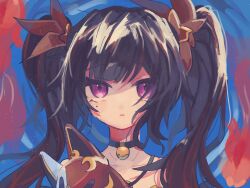 Rule 34 | 1girl, bell, black choker, blue background, bow, brown hair, choker, close-up, collarbone, fox mask, gradient hair, hair bow, highres, holding, holding mask, honkai: star rail, honkai (series), long bangs, long hair, looking at viewer, mask, mia (mi13 gnsn), multicolored hair, neck bell, parted lips, pink eyes, portrait, raised eyebrows, red bow, red hair, sidelocks, solo, sparkle (honkai: star rail), straight-on, twintails